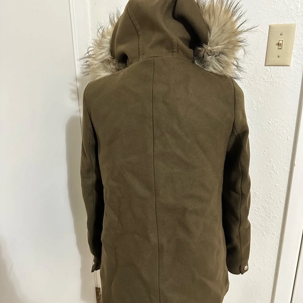 ZARA khaki army green faux fur trim hood duffle coat size XS
